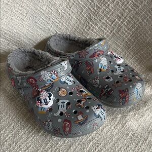 CROCS Disney Parks Christmas Gray Clogs with Mickey and Friends Design